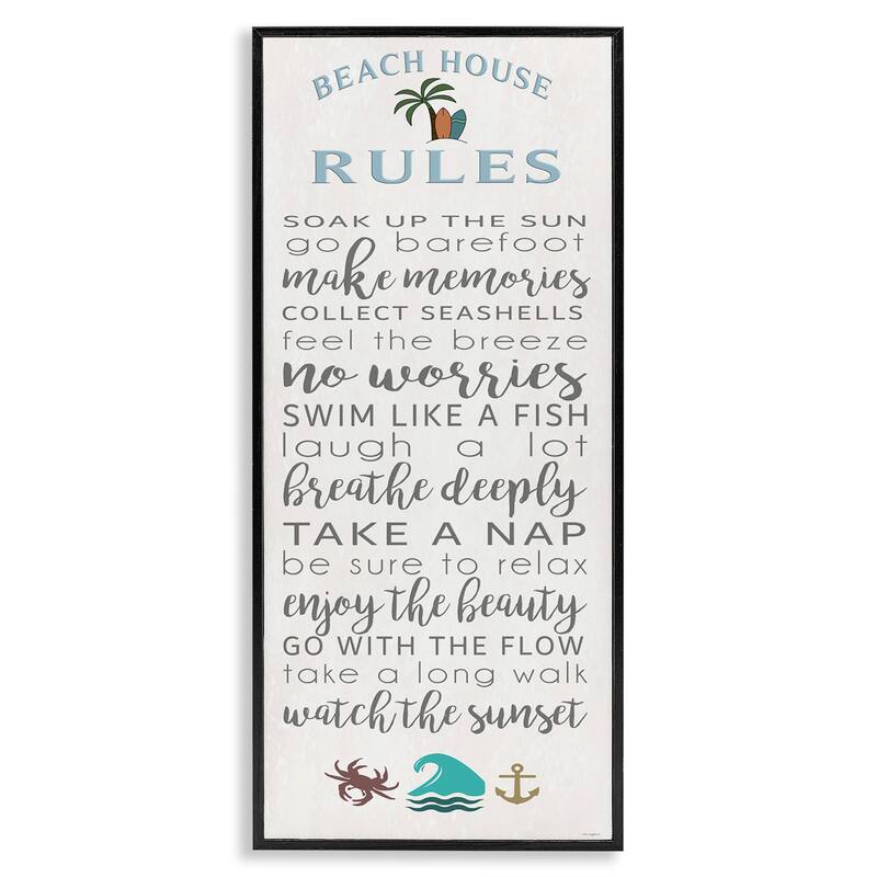 Stupell Fun Activities Beach House Rules Framed Giclee Art Design By Seven Trees Design - 10 x 24 - Black