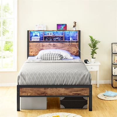 Twin Size Bed Frame w/Storage Headboard,Platform Bed w/Charging Station