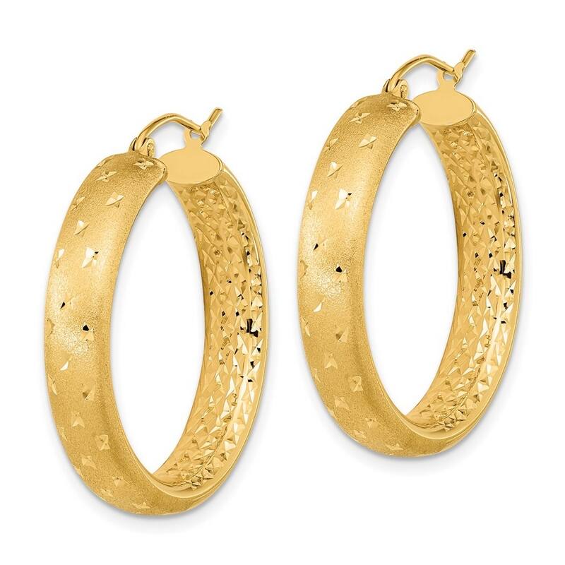 Curata 14k Polished Satin and Sparkle Cut In Out Hoop Earrings - 31.85x29.25mm Wide 5.75mm Thick