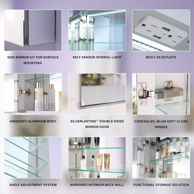 Recessed or Surface 30" H LED Mirror Cabinet with Adjustable Glass Shelves,Defogger, Dimmer And Outlets & USB Ports