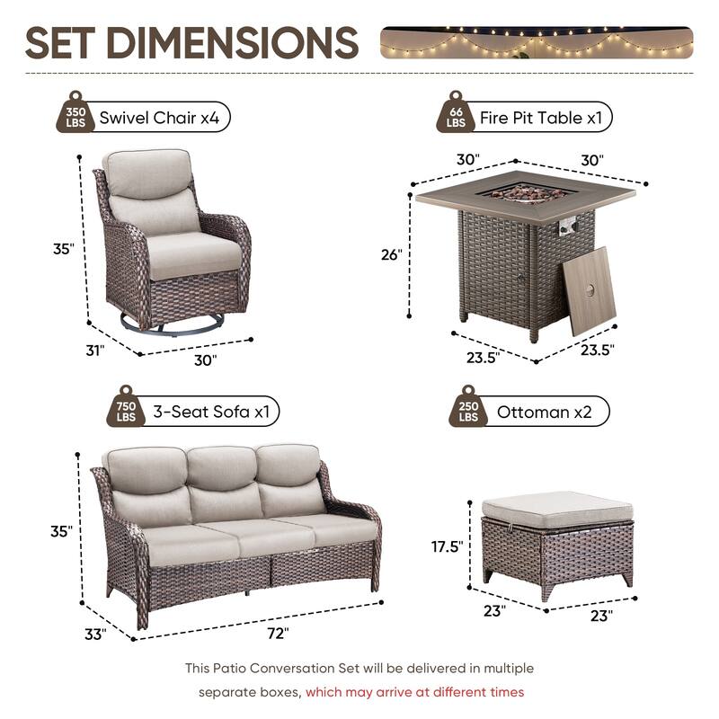 Pocassy Outdoor Propane Fire Pit Table with Sofa Swivel Chair Funiture Set.