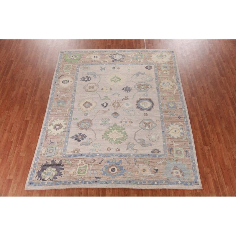 Hand Knotted Oriental 100% Wool Carpet Transitional All-Over Beige & Ivories Oushak Area Rug - 9' 9'' X 8' 1''