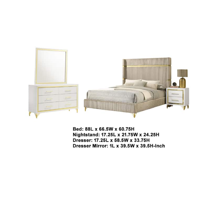 Jenny 4pc Queen Bedroom Set, Textured Beige Wood and Gold Metal Accent