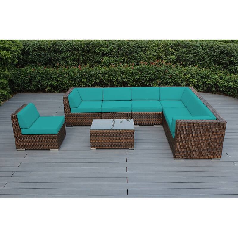 Ohana Outdoor Patio 8 Piece Mixed Brown Wicker Sectional with Cushions - No Assembly - Turquoise