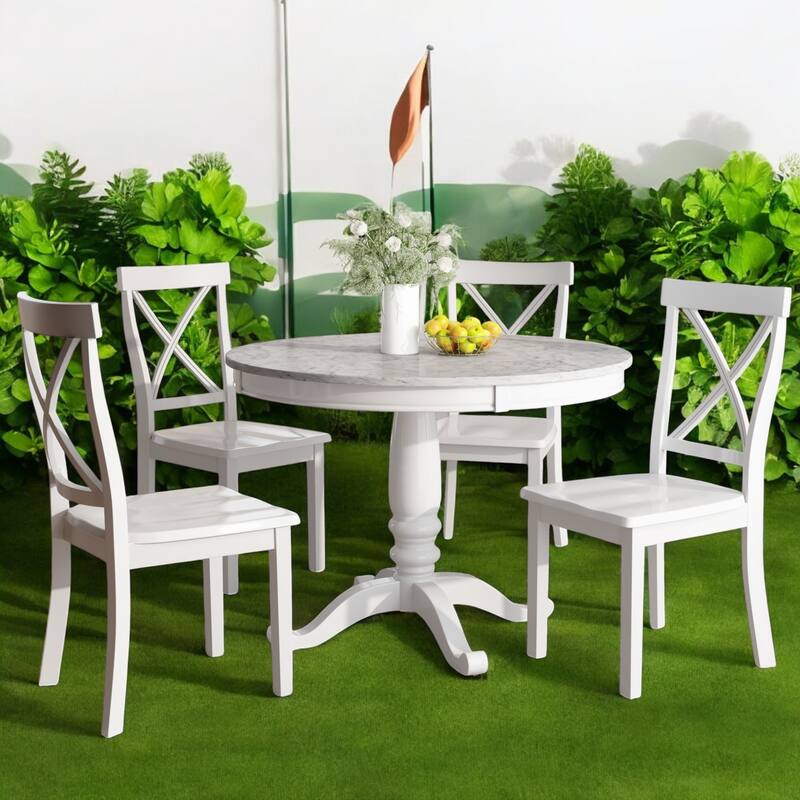 5-Piece Solid Wood Dining Table Set with 4 Chairs, Modern Marble-Style Table, Rubberwood Frame for Kitchen or Dining Room - White