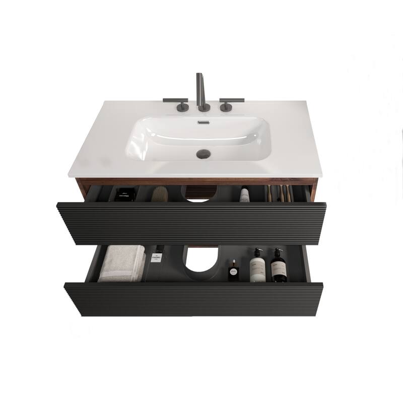 GDFStudio - Gloria Modern Wall-Mounted Floating Bathroom Vanity with Integrated Ceramic Basin & Soft-Close Drawers