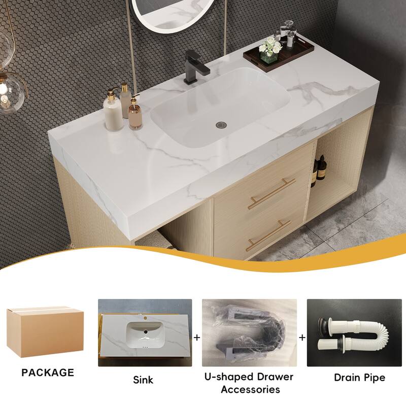 39.4"Floating Bathroom Vanity with Ceramic sink,Wall Mounted Vanity 2 Soft Close Drawer and white Slate top