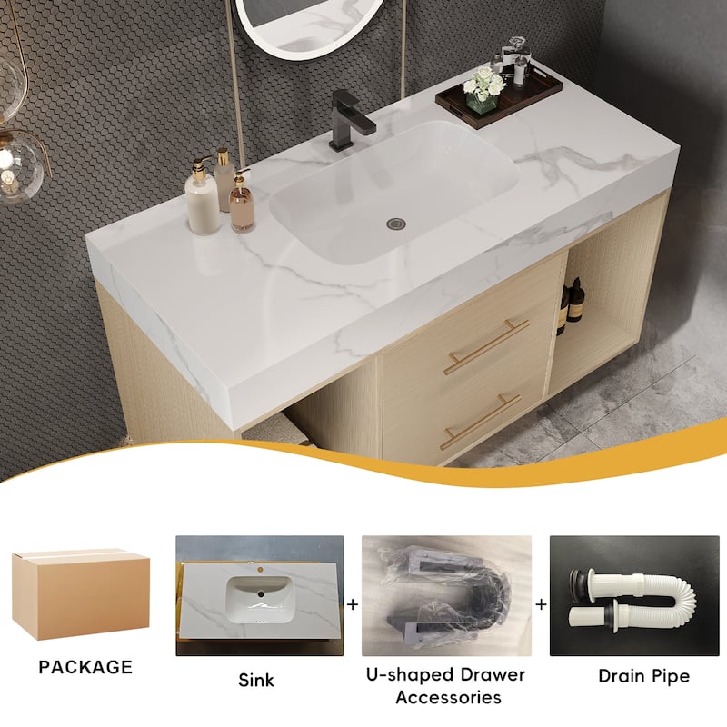 GDFStudio - Modern 39.4" Wall Mounted Floating Sintered Stone Bathroom Vanity with Seamless Ceramic Sink & Soft-Close Drawers