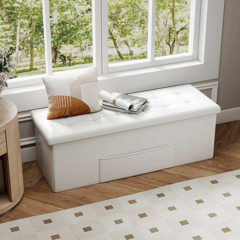 Costway 43 Inches Folding Storage Ottoman Bench with Side Pocket