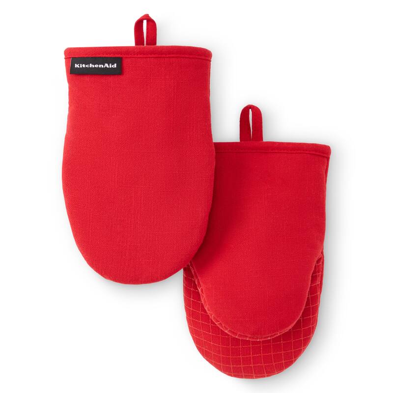 KITCHENAID Gourmet Series Gridlines Mini Oven Mitts 2-Pack Set, Heat Resistant up to 600°F, Soft Silicone Grip, Magnetic Cuff - Passion Red