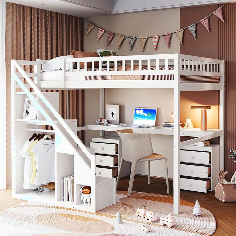 Loft Bed with Two Chest of Drawers, Integrated Desk, and LED Light Strip - White - Full