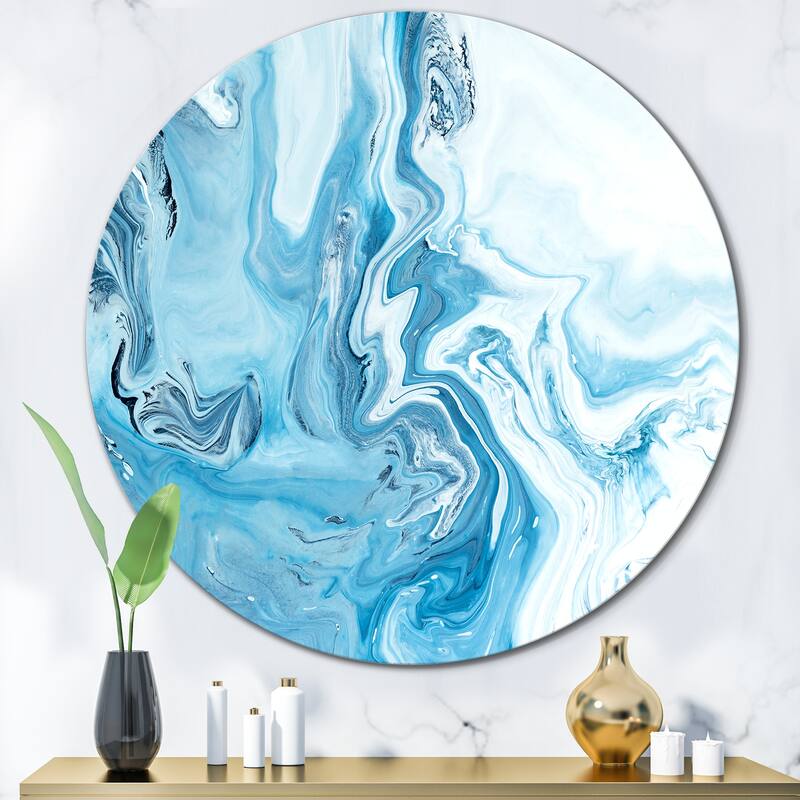 Designart 'White And Blue Marble Waves' Modern Metal Circle Wall Art - 36x36 - Disc of 36 Inch