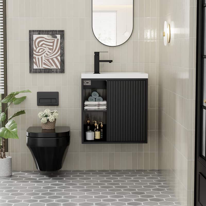 Single-Door Vertical Stripe Wall Cabinet with Integrated Basin - Black