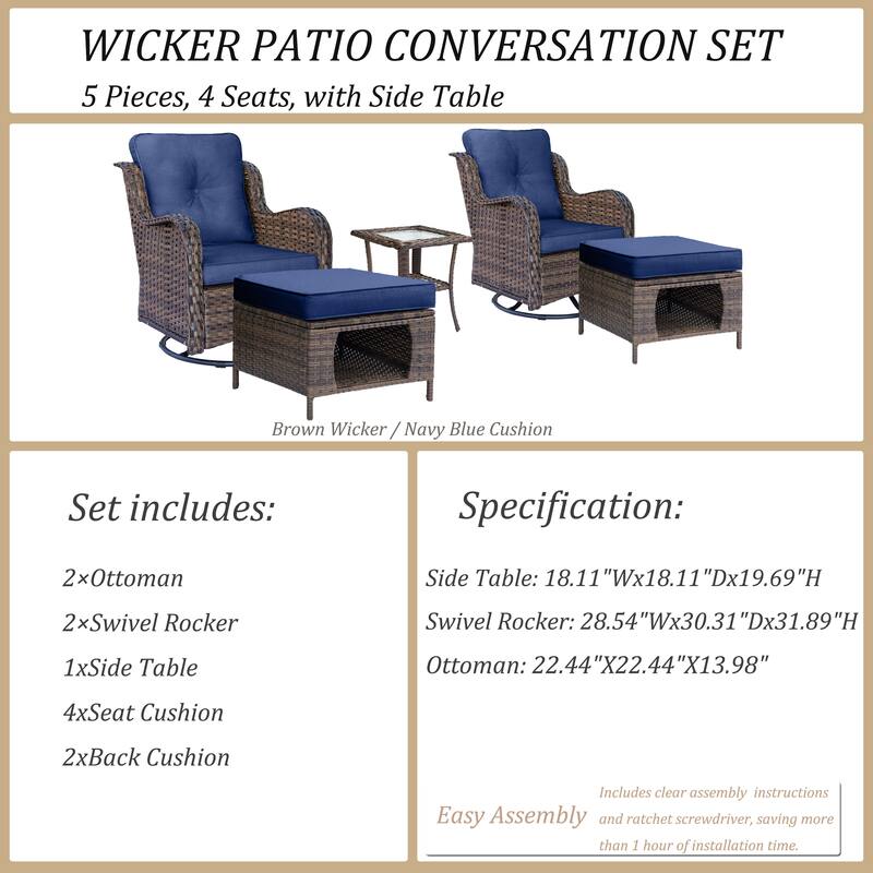 5 Piece Outdoor Wicker Patio Furniture Swivel Chair with Ottoman Set