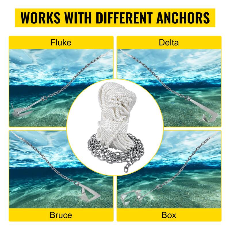 UIMOSO Windlass Anchor Rode and Chain, 5/16" x 15' Boat Anchor Chain and 1/2" x 200' Nylon Rope, 2373 lbs. WLL/7120 lbs.