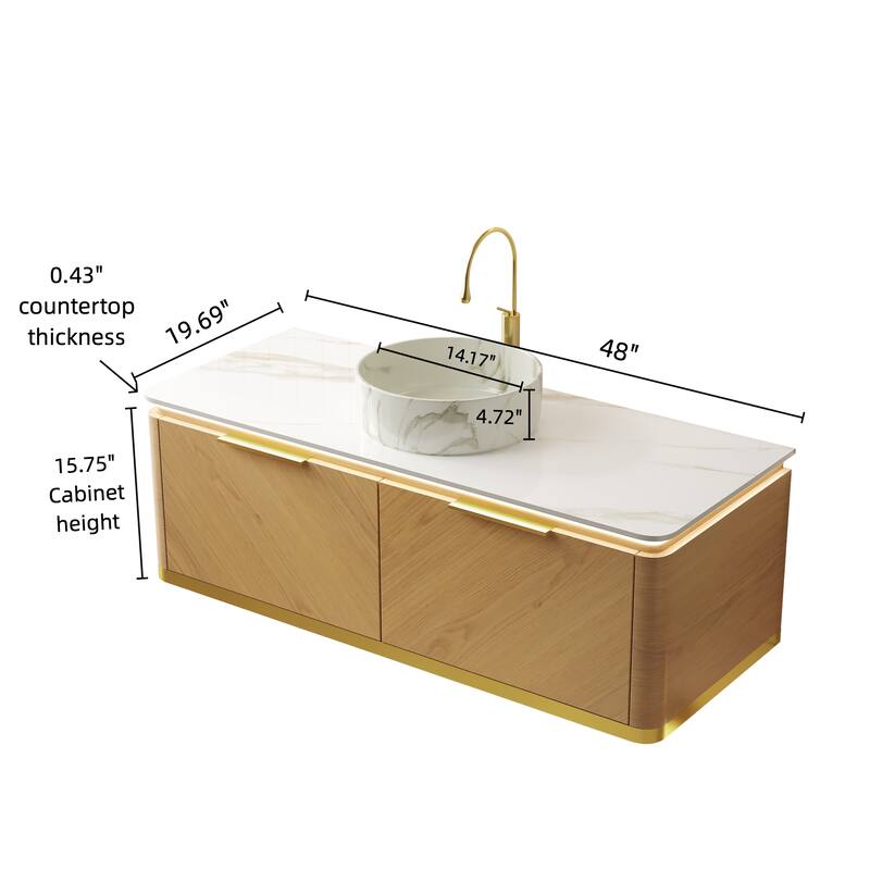 GDFStudio - Dipa Modern 48" Floating Bathroom Vanity with Sensor Light, Drawers & Marble Pattern Ceramic Basin, WITHOUT Faucet