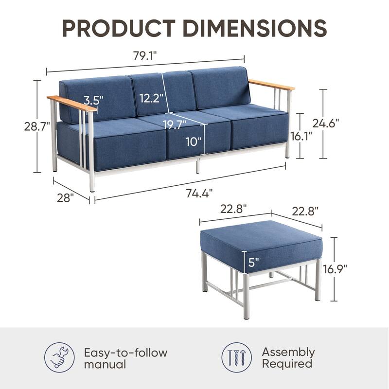 Puffin 3-Seat Outdoor Sofa with White Metal Frame and 10-Inch Thick Dark Gray Cushions and ottomans