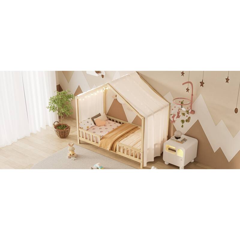 House-Shaped Twin Bed Frame with Canopy and Safety Railings for Kids