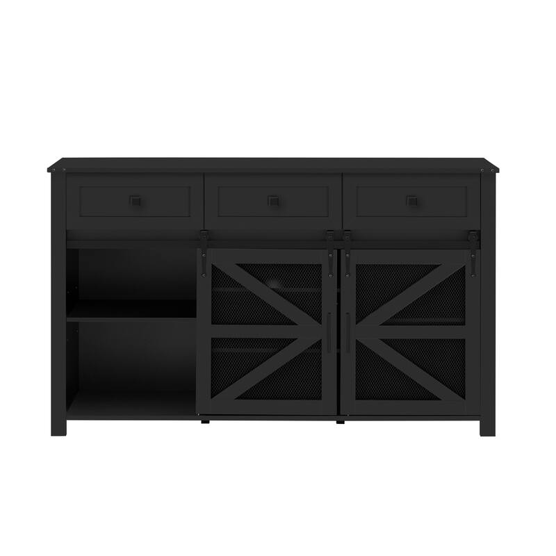 55" Sliding Barn Door Sideboard Buffet Cabinet with 3 Drawers, Adjustable Shelves, Metal Mesh & Particleboard Doors