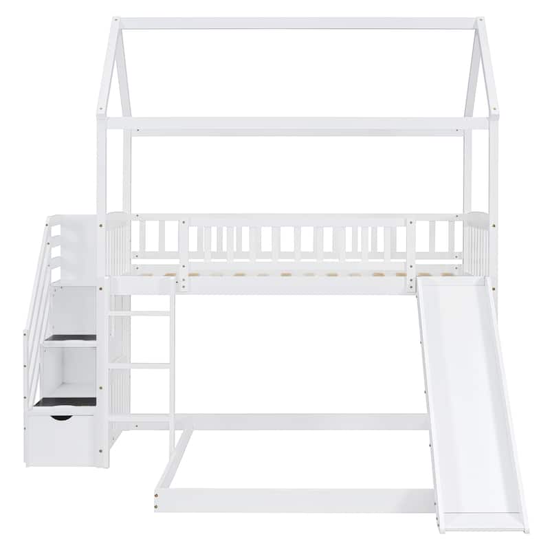 Twin over Twin Size Pine Wood Bunk Bed with Two Drawers and Slide for Kids