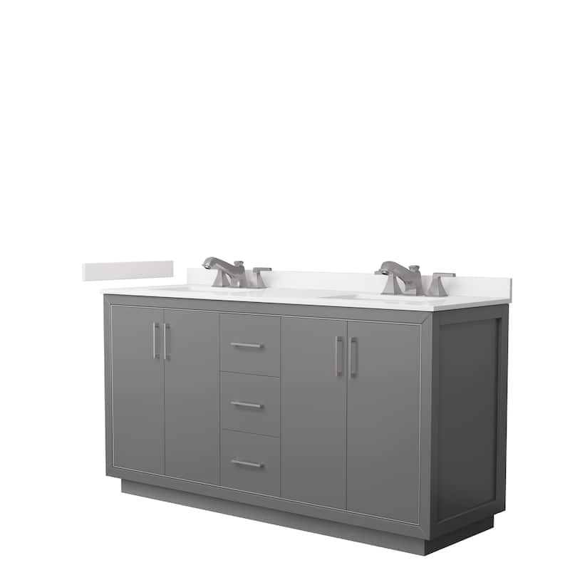 Icon 66-inch Double Vanity, Quartz Top - Dark Gray, Nickel Trim, White Quartz Top