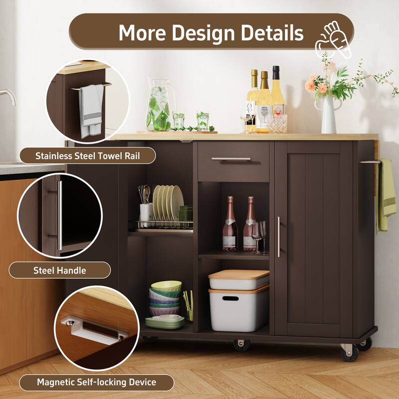 Rolling Kitchen Island Cart with Open Shelf & Drop Countertop - N/A