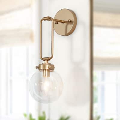 Zeci Modern Gold Wall Sconce with Orb Glass Unique Bathroom Vanity Light Dimmable - L5.1'' x W9.8" x H14.6"
