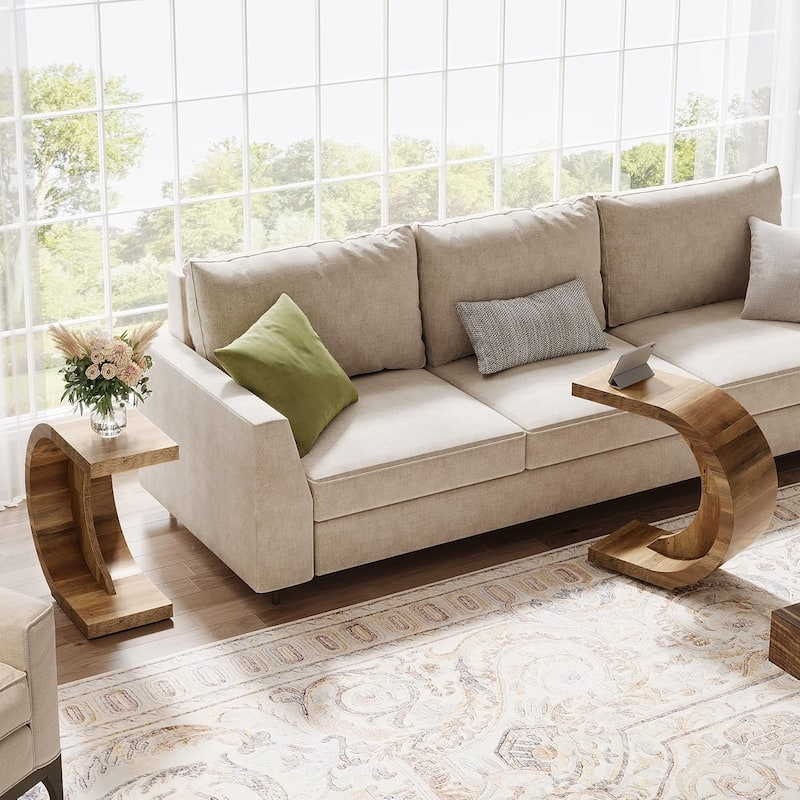 C-Shaped End Table, Wood Side Table for Couch Sofa Living Room
