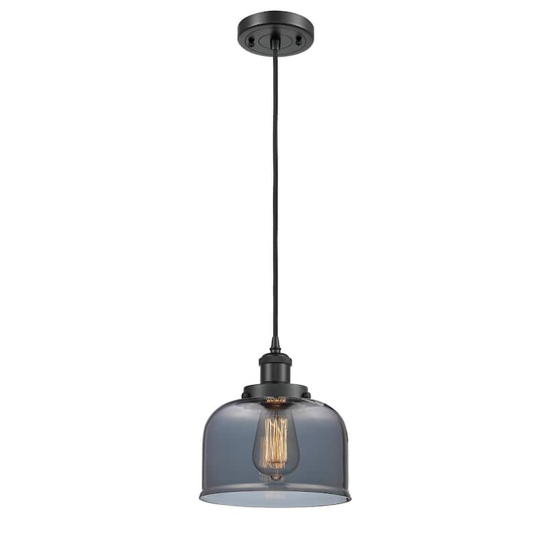 Innovations Lighting Large Bell 8" Wide Mini Pendant - Cord Hung - Matte Black / Plated Smoke