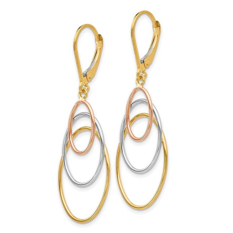 Curata 14k Tri Color Gold 45x15mm Triple Oval Dangle Leverback Earrings