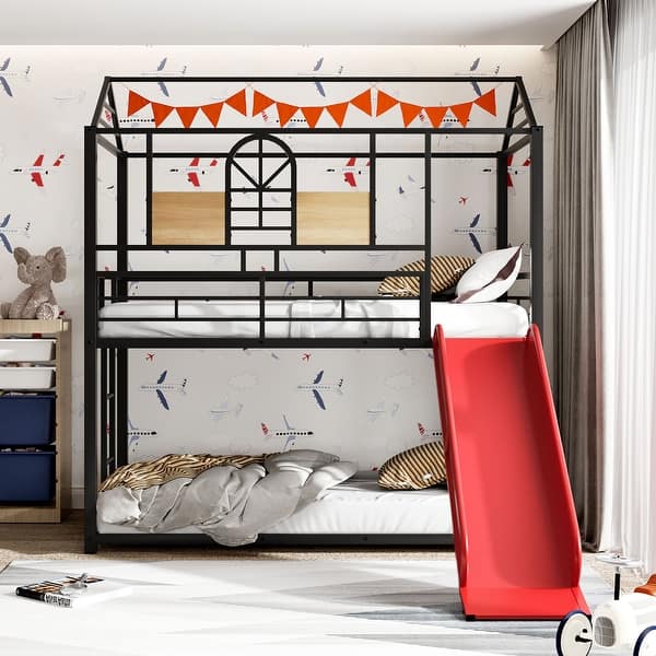 slide 2 of 13, House Shape Design Metal Bunk Bed with Roof and Slide for Extra Fun, Sturdy Frame, Red Slide Black