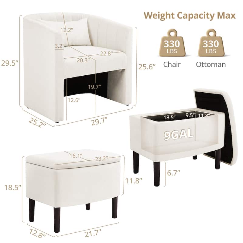 Upholstered Chenille Barrel Accent Chair With Storage Ottoman,Modern Barrel Arm Chair,Reading Chair With Ottoman For Living Room