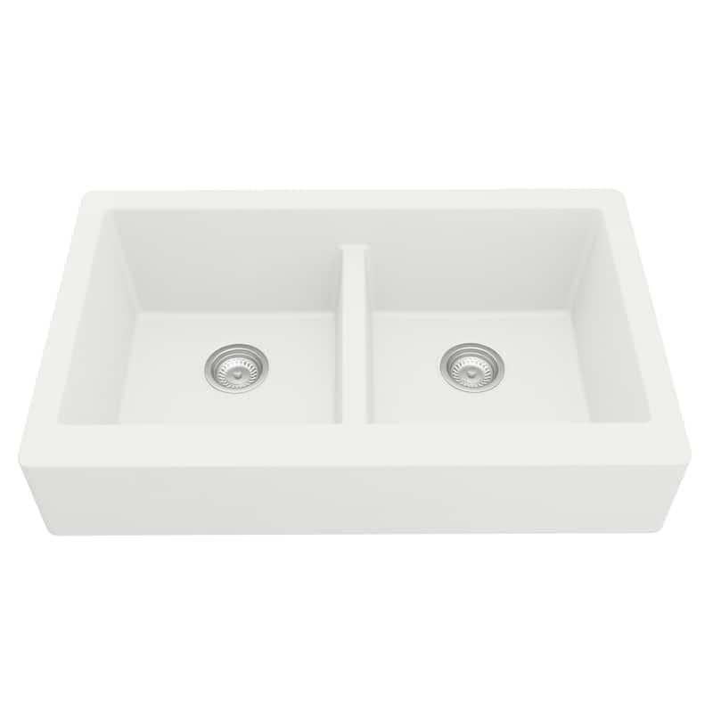 Karran Retrofit Farmhouse Quartz 34 in. Double Bowl 50/50 Sink Kit
