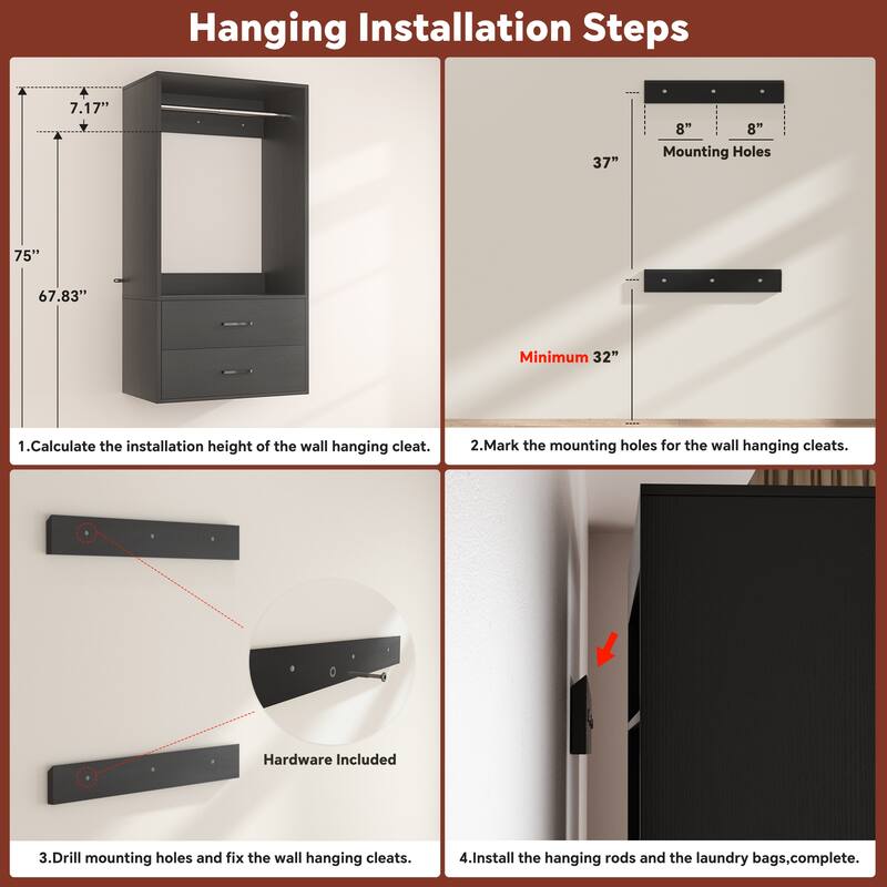 Closet System with 2 Sets, 154'' Walk-in Closet Organizer System with 2 Drawers & 8 Hanging Rods & 6 Reversible Shelf Towers