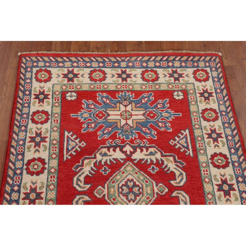 Geometric Red Kazak Foyer Rug Hand-Knotted Wool Carpet - 2'10" x 4'3"