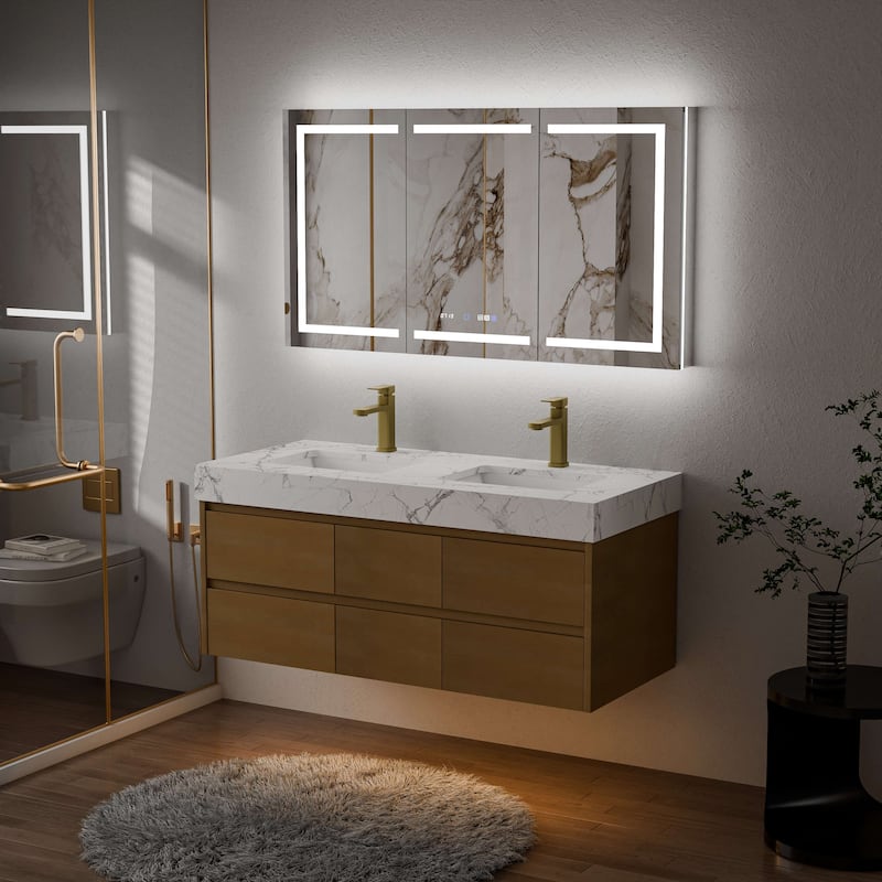 Modland 48" Floating Bathroom Vanity with Single/Double Sink, Modern Maple Wood Wall Mounted Vanity with Marble Countertop
