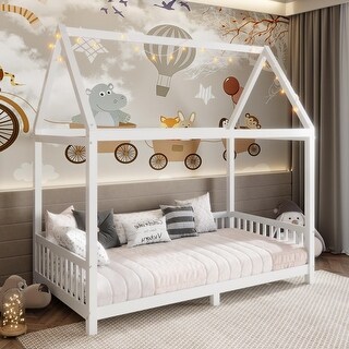Twin Size Solid Wood House Bed with Guardrail, LED, and Roof for Kids