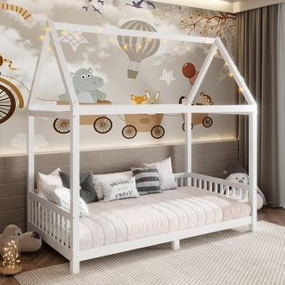 Wood Twin House-Shaped Kids Pine Bed Frame with 13.9'' height Guardrails and LED Design for Bedroom, White, Easy to Assemble