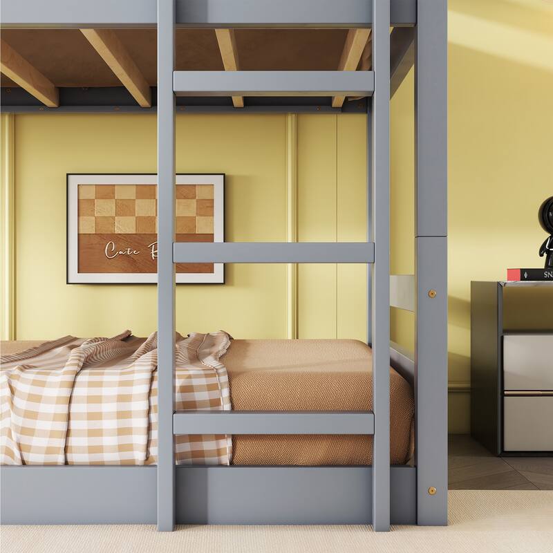 Triple Bunk Bed with Ladders, Guardrails, Detachable Bed Frame, Convertible 3 Beds, Twin Over Twin Over Twin for Multi Children