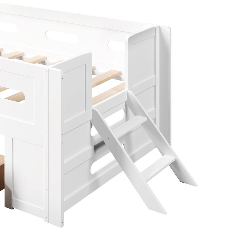 Roomfitters Full/Twin Size Wood Platform Bed with Underbed Storage Drawer and Safety Guardrails, Modern Low Loft Frame