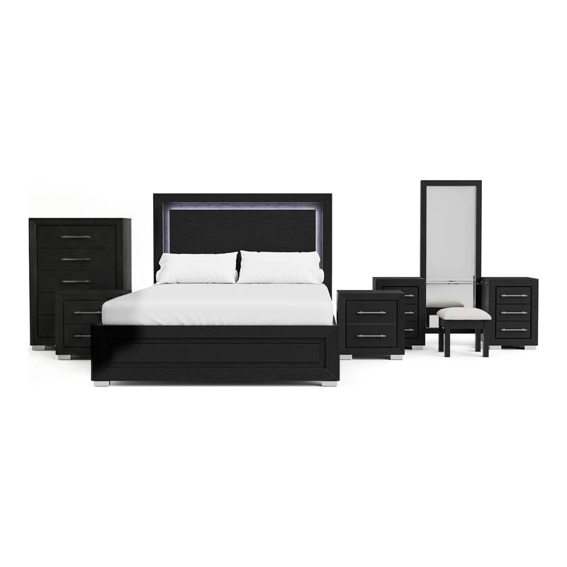 Furniture of America Alaric Modern Black Solid Wood 5-Piece Bedroom Set with 69-inch Makeup Vanity, Chest and 2 Nightstands