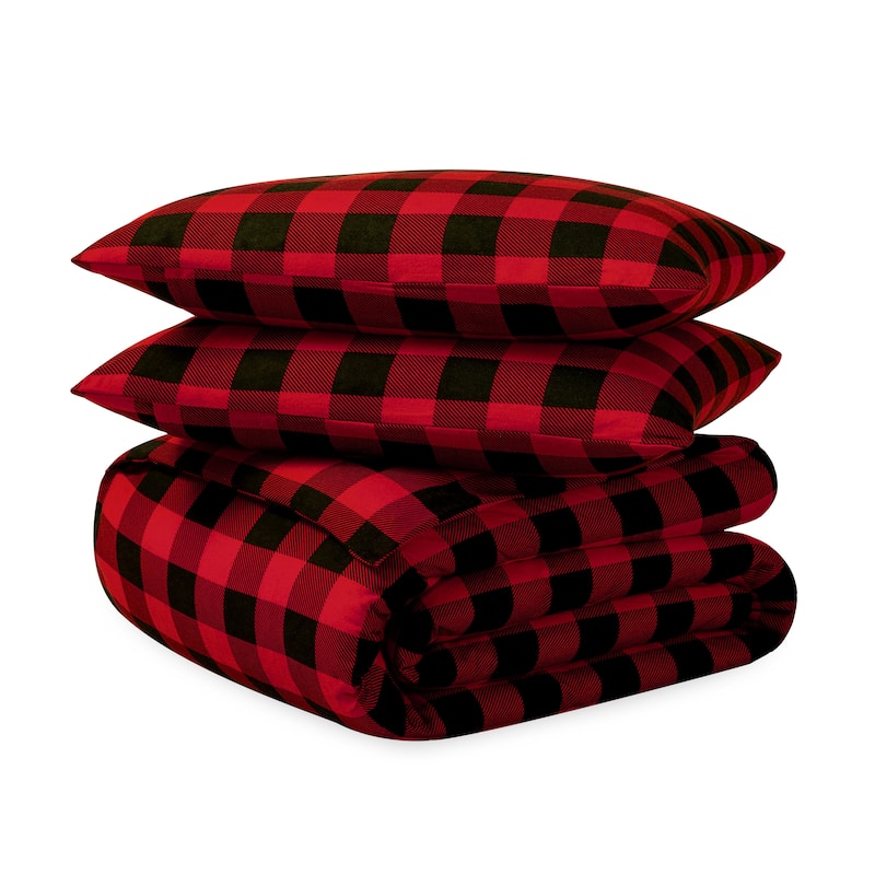 Bare Home Cotton Flannel Duvet Cover and Sham Set - Buffalo Plaid - Red/Black - King