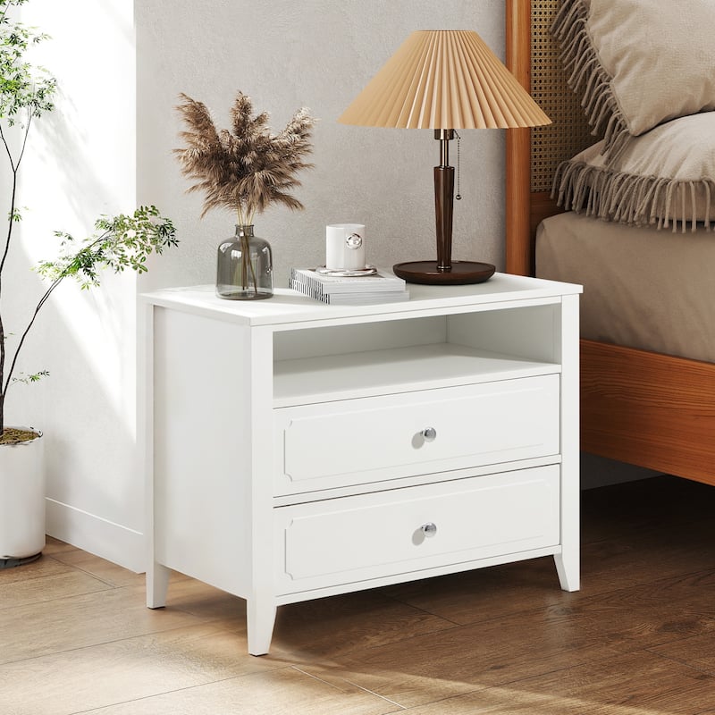 EROMMY Modern Wide Nightstand with 2 Drawers and Open Storage, Bedroom Bedside Table with Solid Wood Legs, Nightstand - White