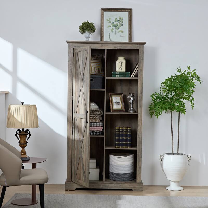 Buffet Cabinet, Wine Bar Cabinet W/Open And Hidden Shelves, Barn Doors, Quality Hardware Free Standing Storage Cabinet
