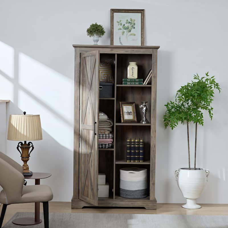 Roomfitters Farmhouse Tall Kitchen Pantry, Large Wood Kitchen Storage Cabinets, China Cabinet with Barn Doors