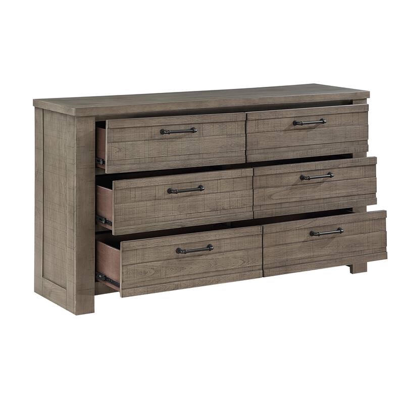 Niti 63 Inch Wide Dresser, 6 Drawers with Black Handles, Plank Style, Gray
