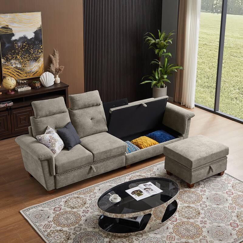 109" Modern 4 Seaters Towelling Sectional Sofa with Hidden Coffee Table Adjustable Headrest and Large Storage Space
