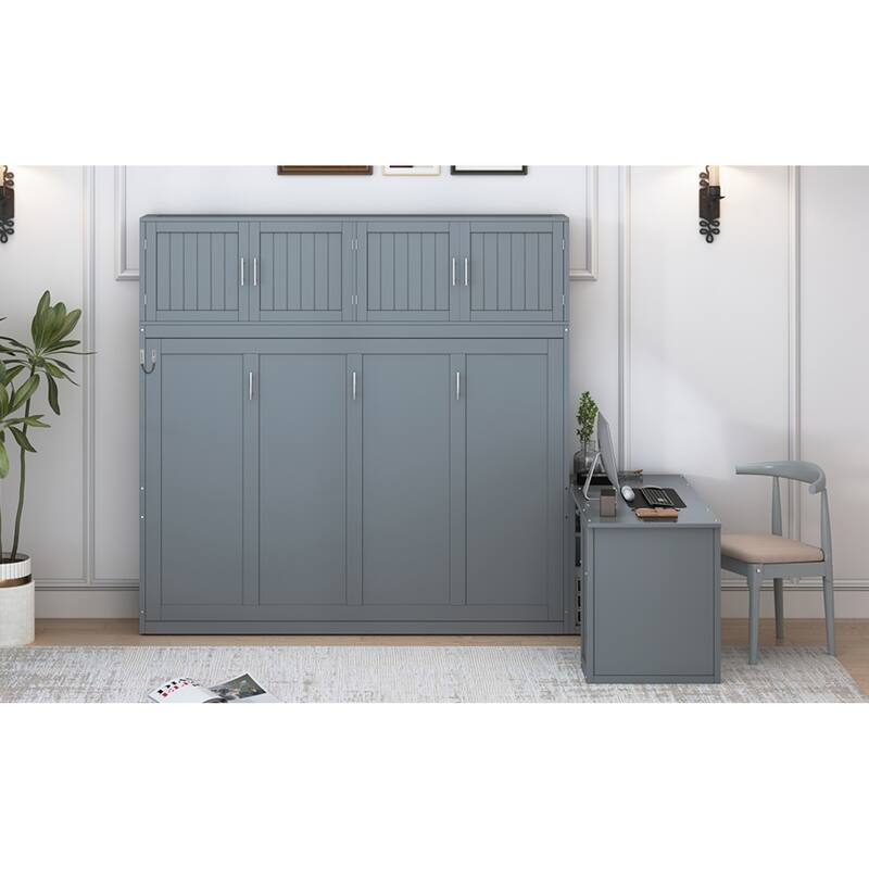 Roomfitters Queen Murphy Bed with Adjustable Desk and Two Large Storage Cabinets, Wall Mounted Space Saving Sleeper