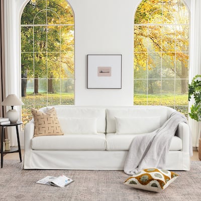 KINWELL 3-Seater Linen Slipcovered Sofa with 4 Pillows and Skirt, 90"W