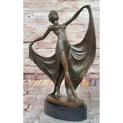 Art Deco Bronze Dancer With Flowing Drapery On Marble Base Signed Original Cesaro